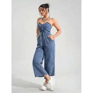 Women's Front Drawstring Wide Leg Casual Denim Jumpsuit