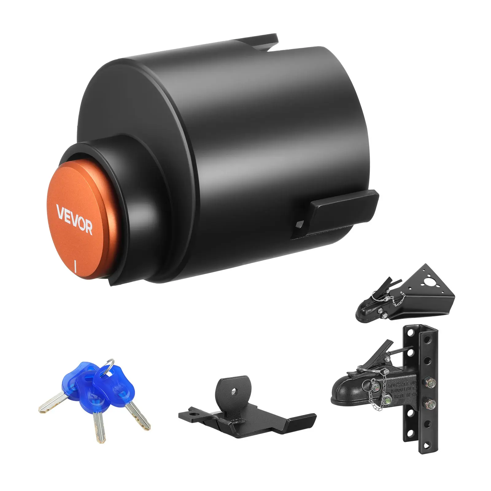 VEVOR 10.14lb Carbon Steel Trailer Lock, Fits 2-5/16-in Cast Ball Couplers, 0.24" Thick Wall, 1-Hand Install, Corrosion Resist, Dustcap Damp Guard, 3 Keys, Trailer Secure for RV, Boat Anti-Theft
