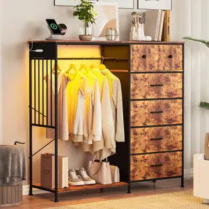 49.2" Dresser with Hanging Rack, 6 Fabric Drawers, LED Lights & Charging Station