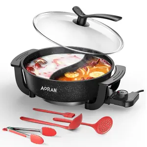 6L Electric Hot Pot, Non-stick Cooking Pot with Divider, Suitable for Hot Pot, Shabu-shabu, Including Spoon, Tongs, Oil Brush, Food Tongs