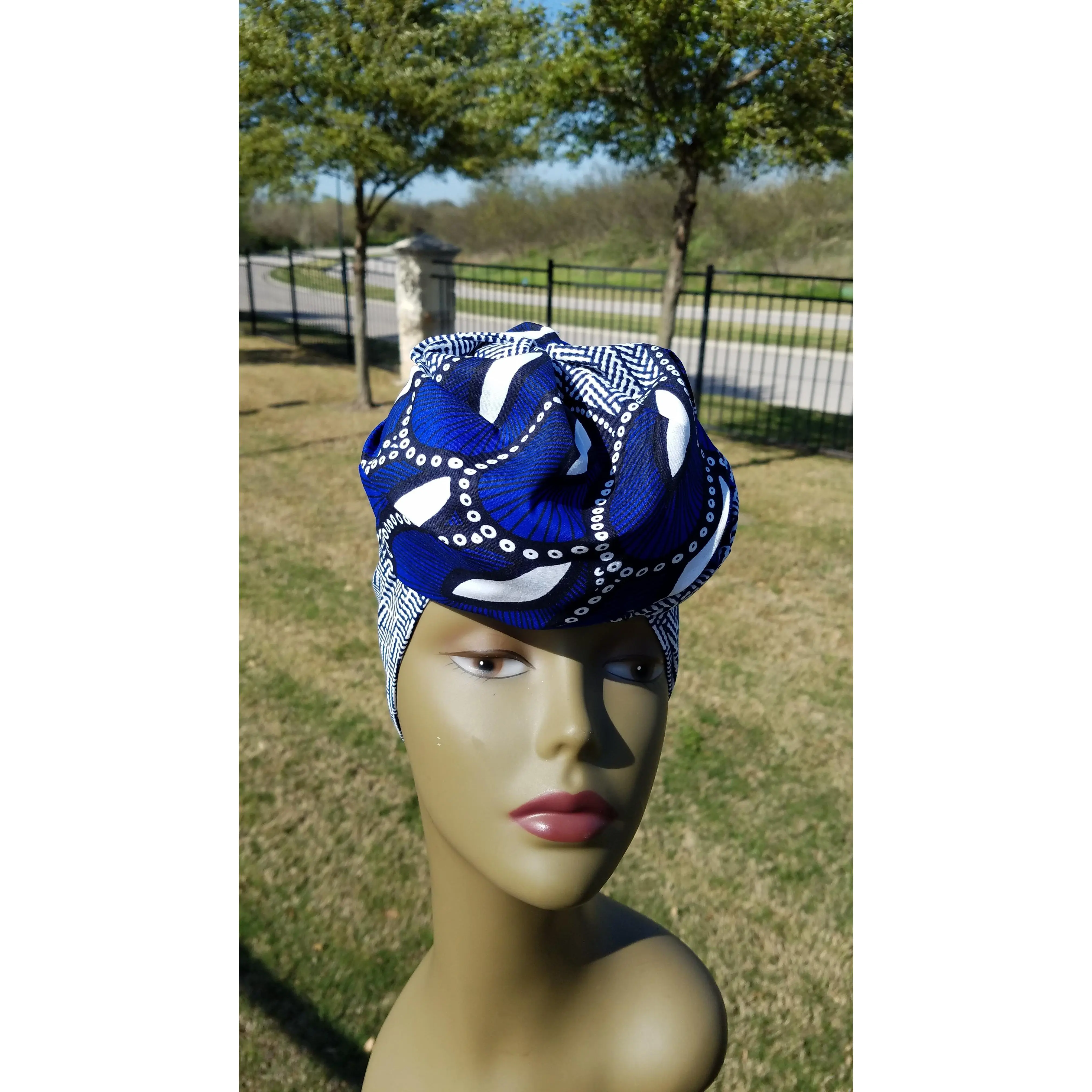 White and Blue African Ankara Headwrap, Fashion Accessory Head Scarf, Versatile Turban for Women
