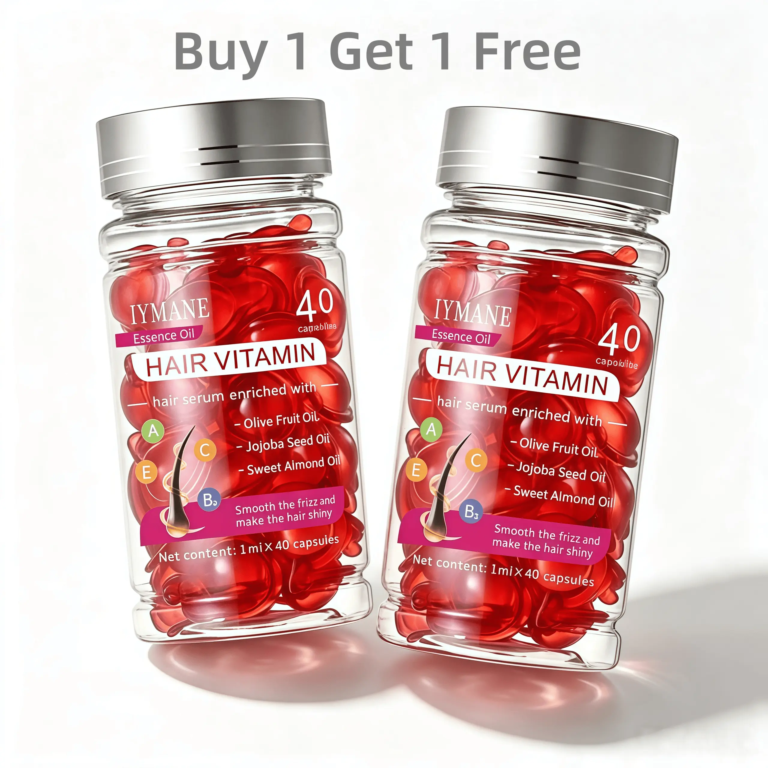 【Buy 1 Get 1 Free】Hair Vitamins Olive Fruit Oil Capsules - Serum Enriched forWomen & Men | with Jojoba Seed Oil, Sweet Almond Oil forAll Hair Type Frizzy Dry Curly - Vitamin A, E, Pro B5 (40Capsules)