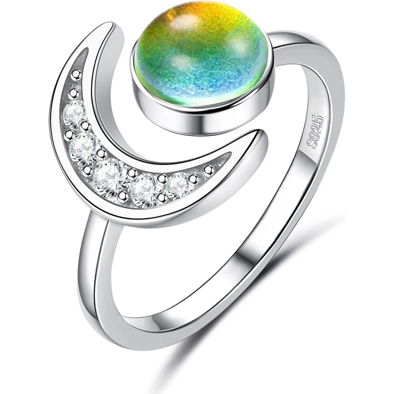 CASSIECA 925 Sterling Silver Mood Ring Moon Star Open Adjustable Rings for Women 18K White Gold Plated Color Changing Mood Ring Temperature-Control Star and Moon Rings Statement Jewelry, Adjustable Fit, Open Band SummerVibes