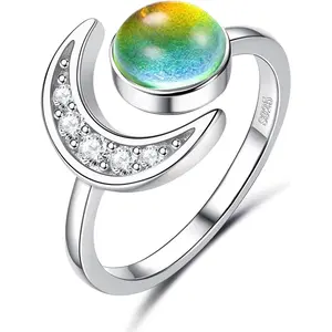 CASSIECA 925 Sterling Silver Mood Ring Moon Star Open Adjustable Rings for Women 18K White Gold Plated Color Changing Mood Ring Temperature-Control Star and Moon Rings Statement Jewelry, Adjustable Fit, Open Band SummerVibes