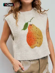 Women's Pear Print Round Neck Sweater Vest, Casual Comfy Sleeveless Chunky Knit Vest Top for Summer, Fashion Women's Knitwear for Daily Wear