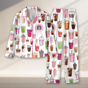 Coffee Lover Satin Pajama Set – Iced Drinks & Frappé Print Sleepwear for Women – Cute Café Aesthetic PJs, Barista-Inspired Loungewear Gift