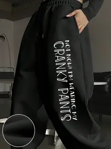 Women's Casual Loose-Fit Knit Wide Leg Printed Pants, Trouser, Fun Slogan Print, Perfect for School & Work, All-Season Comfortable Wear