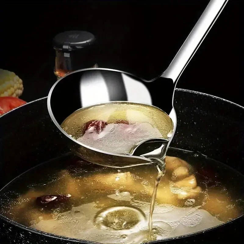 1 pacs Stainless Steel Multifunctional Skimmer, Dual-compartment Design with Ergonomic Handle- Heavy-duty Soup Spoon, Grease Separator, Gravy Skimmer, Yogurt Spoon- Easy Pouring and Sturdy Construction, Suitable for Kitchen Cooking, Serving, and Draining