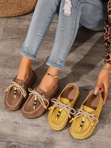 Boho Style Round Toe Slip-On Women's Shoes, Colorful Beaded Decoration, Handmade Stitching, All-Season Casual Footwear