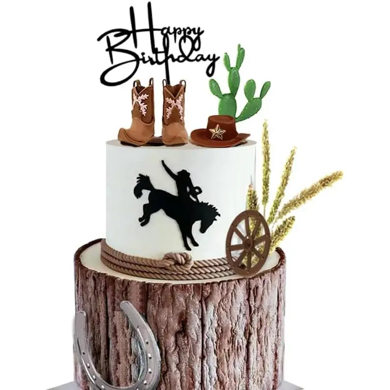F-PSD10  Cowboy Cake Decorations Cowboy Hat and Boot Cake Toppers Western Cowboy Birthday Baby Shower Set Ornaments