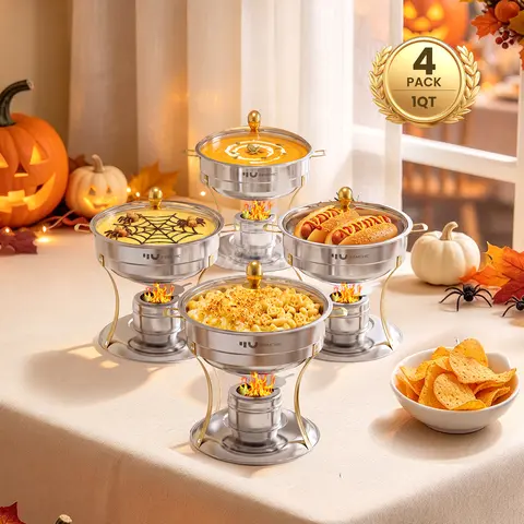 Femchic 1QT Mini Chafing Dish Set, 4 Pack Food-Grade Stainless Steel Individual Chafers with Vented Glass Lids, Gold/Silver — Dishwasher Safe, Shabu Hot Pot, Date Night & Solo Dining