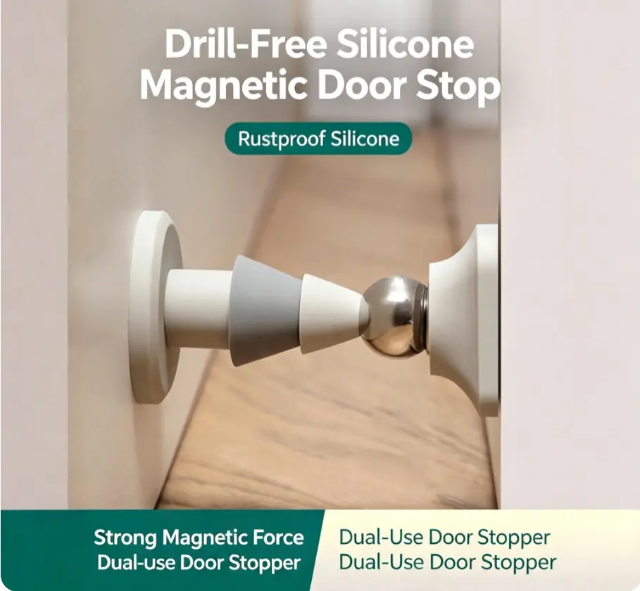 Reusable Dual-Use Multi-Functional Silicone & Metal Magnetic Door Stopper, Child Safety Home Supply, Anti-Slam Door Accessory with Powerful Magnet (Cordless Design)