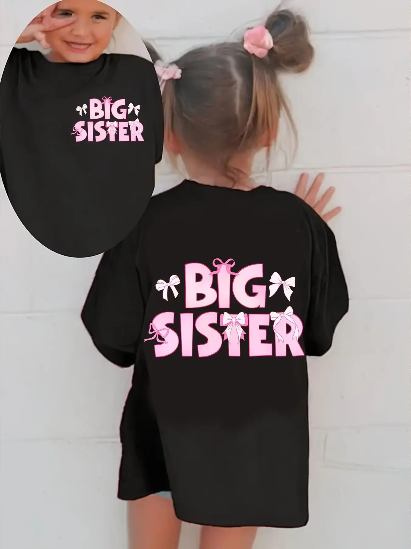 Big Sister Girls T-Shirt Double Sided Pink Coquette Bow Bold Block Letter Short Sleeve Cotton Black New Sibling Announcement Kids Tee