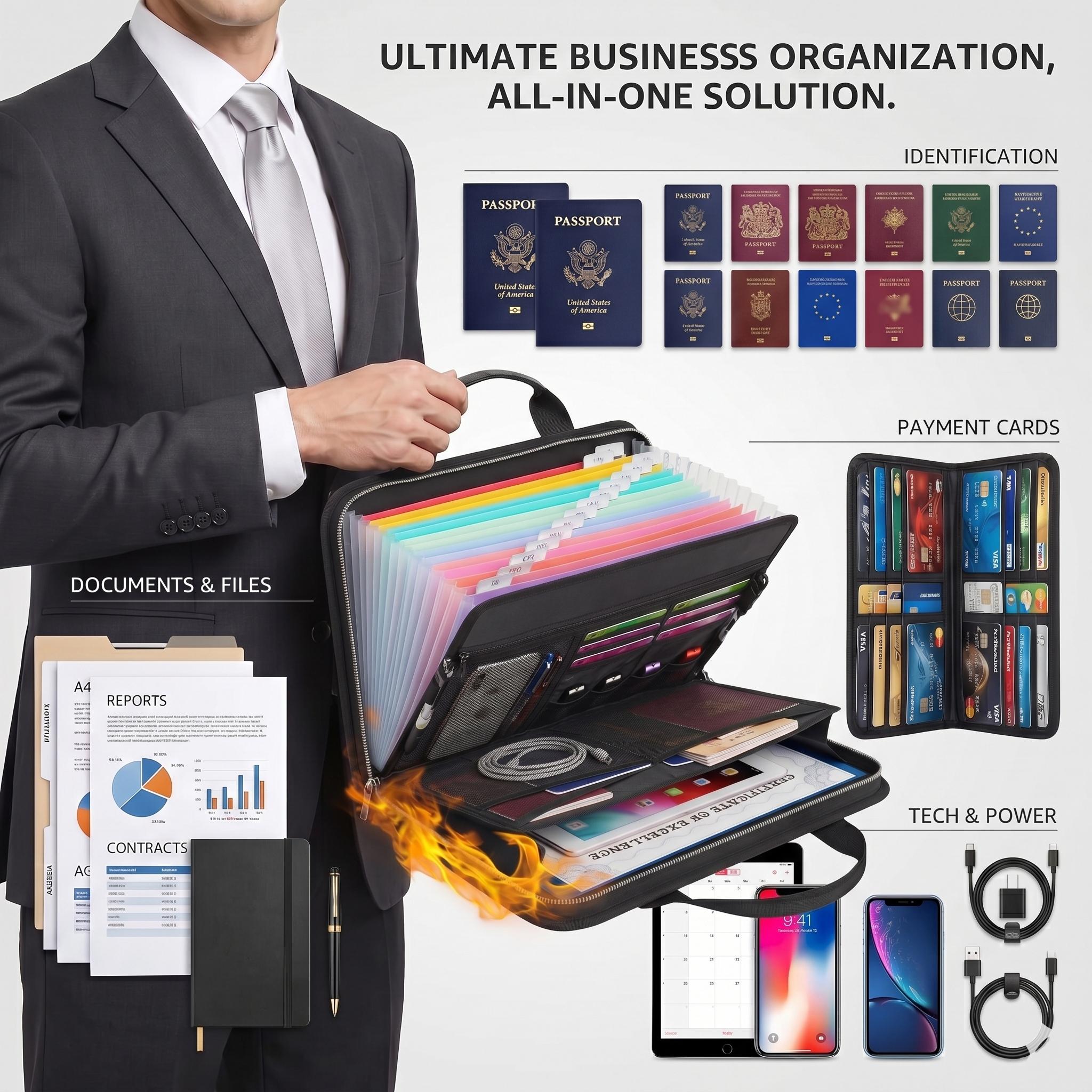 Fireproof File Folder, Synthetic Accordion Expanding File Organizer - Large-Capacity Storage Organization for Business Professionals with Handle and Fireproof Labels Included, Files Organizer