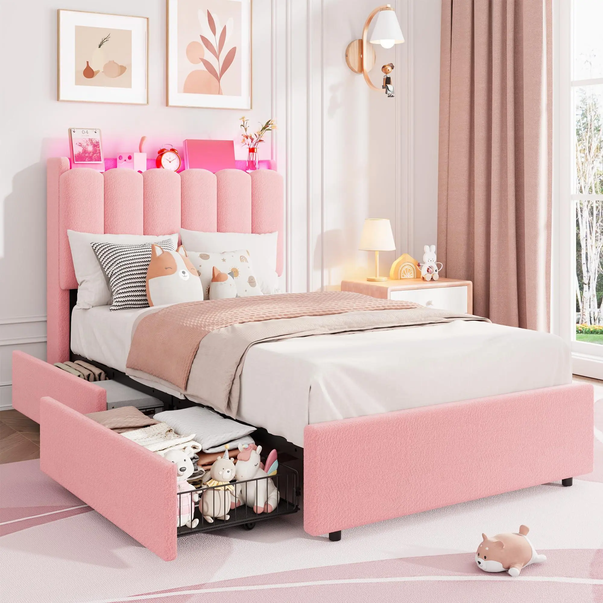Gaomon Twin Size Framed LED Light Boucle Fabric Bedroom Bedframe - Stable Storage Bed with Chic Wavy Headboard, 2 Drawers, 10 Reinforced Wooden Slats, 60000+ Colors, No Box Spring Needed, Pink Girls' Bed with Compartments