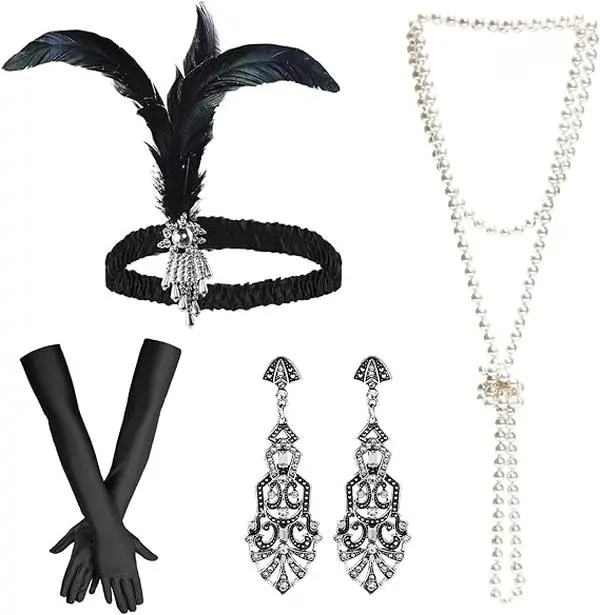 Women 1920s Flapper Set with Headband Beaded Necklaces Earrings Gloves for Vintage Wedding Costume Accessories
