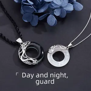 Vintage Sun Moon Star Couple Necklace Creative Dragon Phoenix Pair Round Black and White Glass Pendant Jewelry Gift