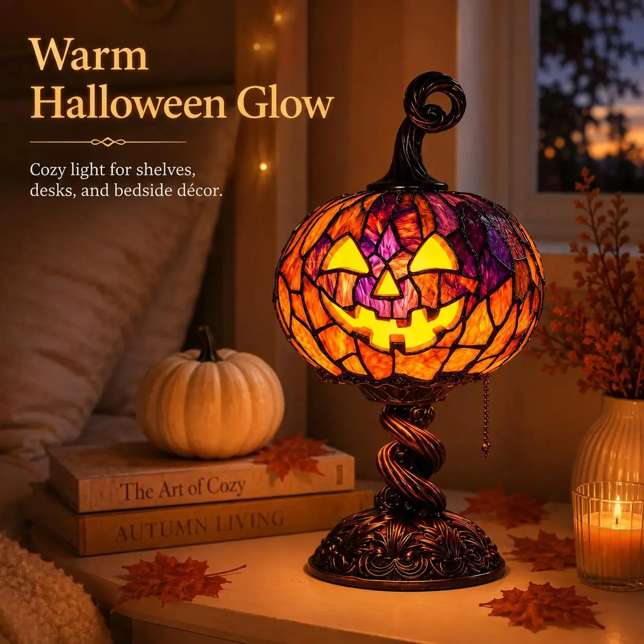 Halloween Ghost Bat Pumpkin Table Lamp, Light-Up Resin Night Light, Cute Spooky Tabletop Decoration for Mantel, Desk, Bedroom, Halloween Party & Gift