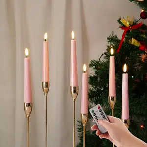 Short Pink Flameless Taper Candles with Remote, Flickering  LED Wax Candlesticks Set of 6