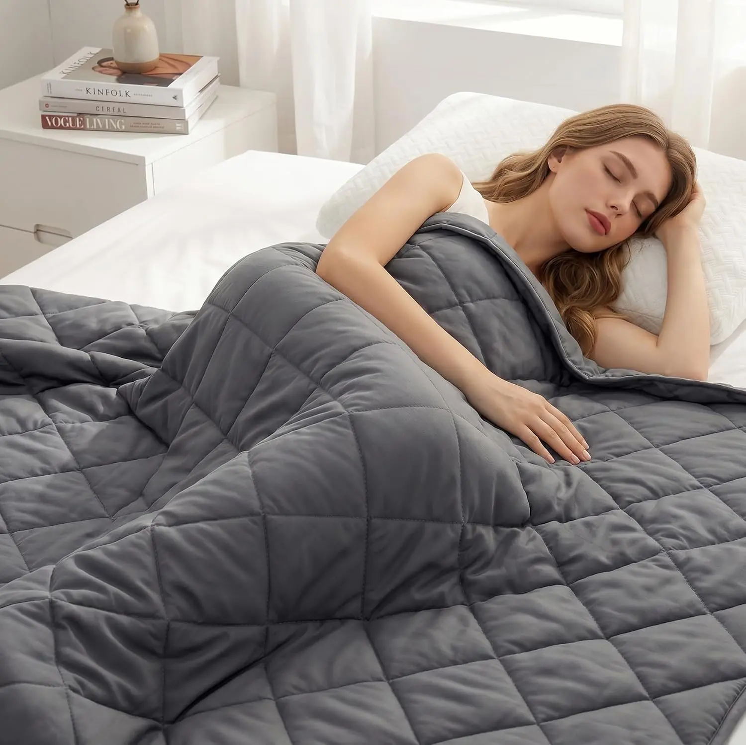 Queen Size Weighted Blanket for Adults, 20 lb 60x80 Inch Soft Cotton Weighted Blanket with Glass Beads, Breathable All-Season Heavy Blanket with Reinforced 5x5" Compartments & Duvet Cover Loops