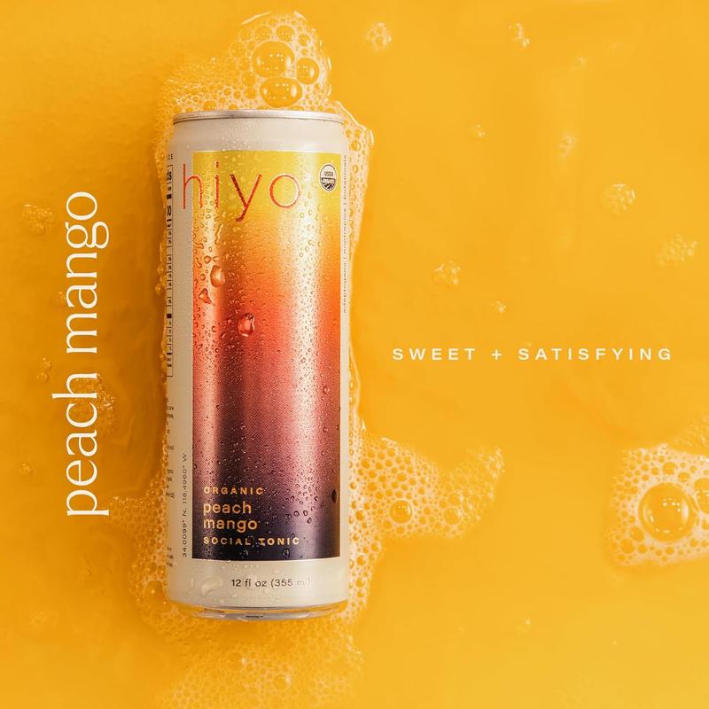 HOT 2026 Hiyo Organic Social Tonic - Peach Mango, 12 FZ - N.A. Functional Seltzer, Sparkling Water Crafted with Organic Adaptogens, Nootropics & Botanicals