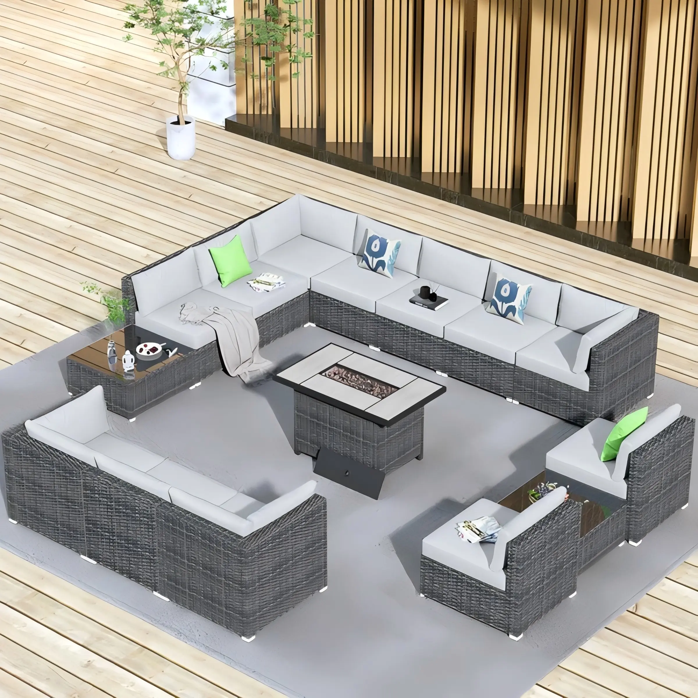 【Back To School】Ovios Patio Furniture Set 15-Piece Outdoor Wicker Rattan Sofa Set with Cushions, 42.12'' Fire Pit Table & Glass Coffee Table, All-Weather Conversation Set for Backyard Balcony Garden Deck Patio