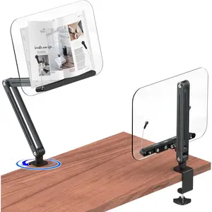 Desk Clamp Acrylic Book Stand for Reading, Ergonomic Design Adjustable Height up to 20 inches with Rotating Bases Cookbook Stand, Suitable for Recipe, Sheet Music, Tablet(Gray)