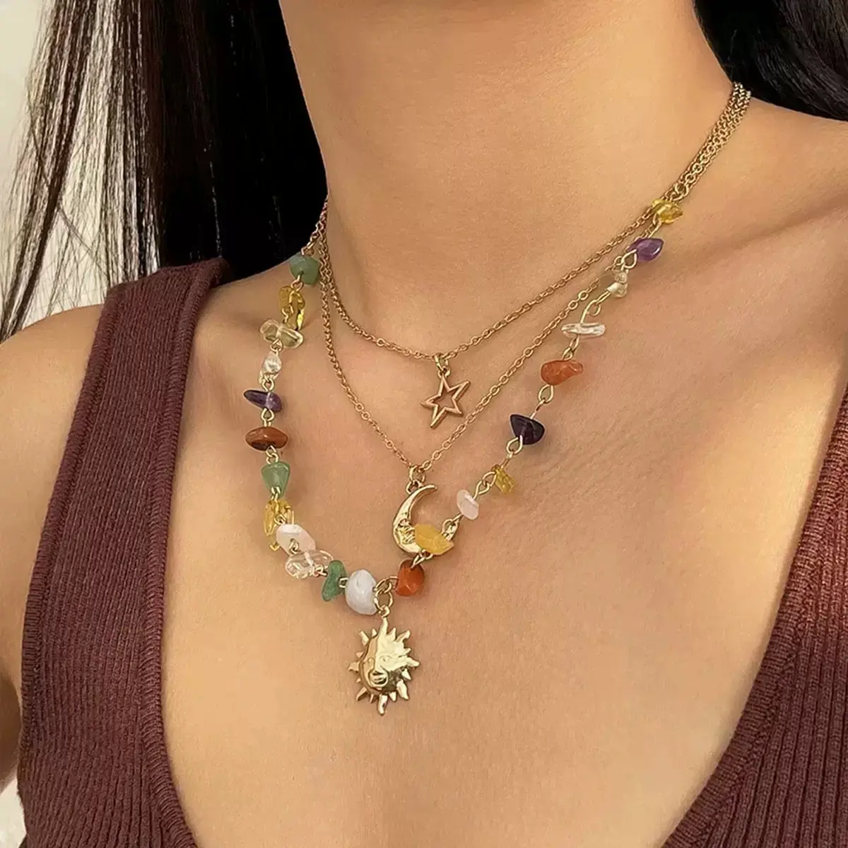 Women's Gold-Plated 3-Layer Celestial Necklace, Handcrafted Bohemian Pendant with Sun, Moon, Star Charms & Multicolored Gemstones, Ideal for Festivals, Birthdays, Daily Wear, Multilayer, 3-Layer Design, Anniversary, Female, Metal Plated Gold