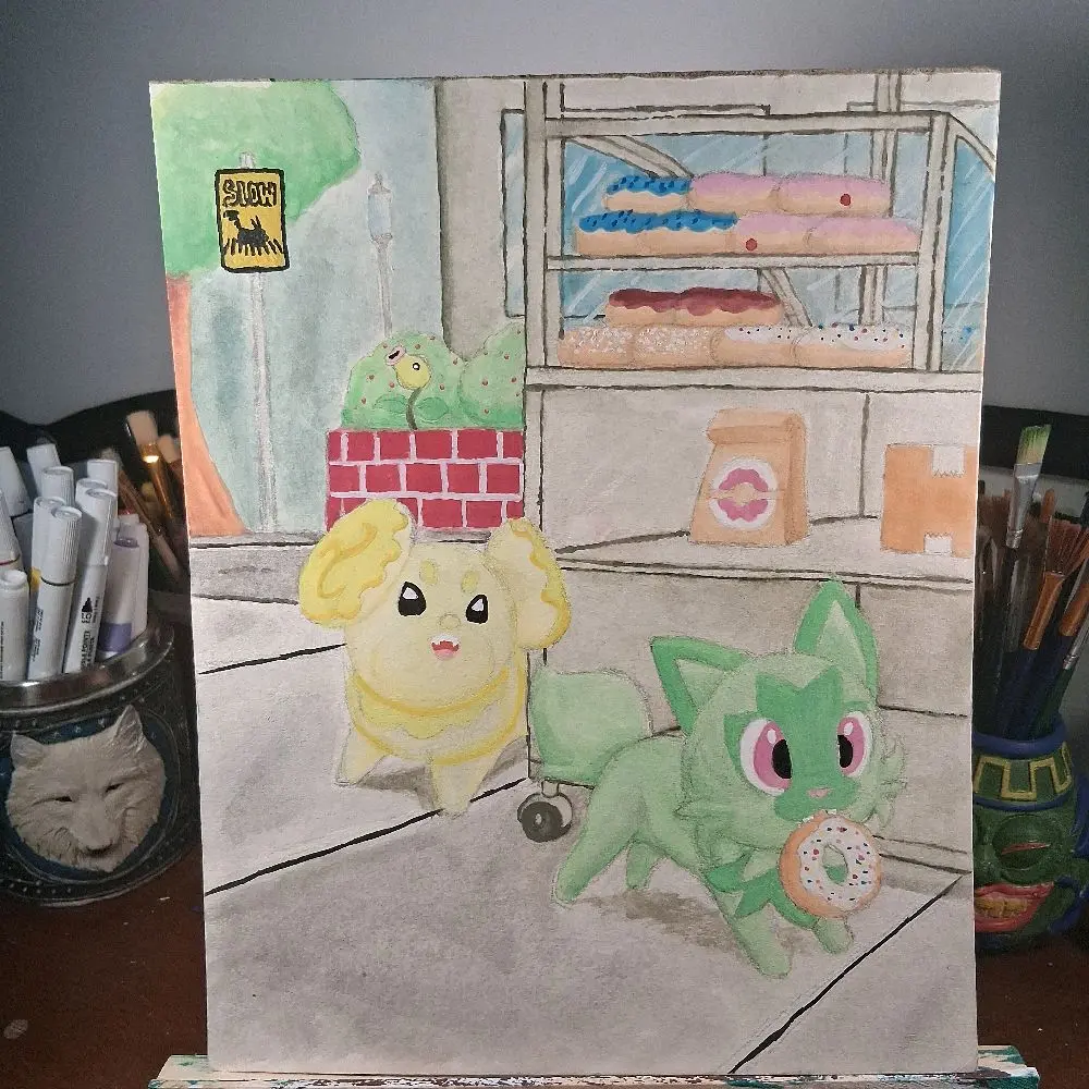 Handmade Fidough and Sprigatito Watercolor Artwork