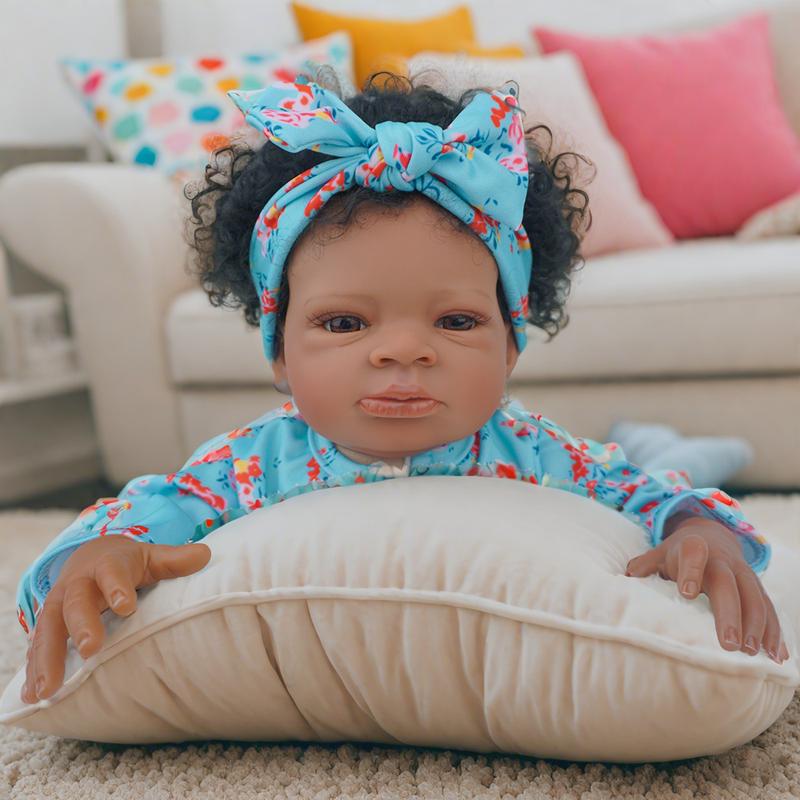 Reborn African American Reborn Dolls 20 Inch 50 cm Black Reborn Baby Dolls Newborn Baby, Lighter Brown Skin Vinyl Reborn Toddler Dolls with Cloth Body Curly Hair Gift for Age3+