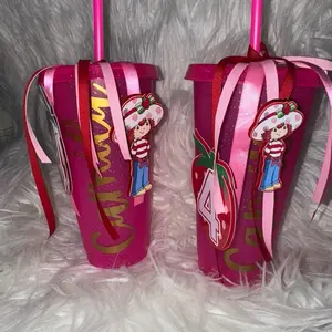 Custom Plastics Pink Tumblers with Strawberry Character Design and Ribbon Handle for Kids