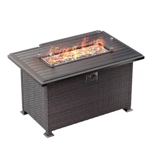 [2 packages delivery ]Gotland 43" Propane Gas Fire Pit Table ETL Certified Wicker Look Surface Steel Rectangle fire Table 50,000 BTU with Adjustable Flame Apply to Patio Garden Balcony Poolside(Includes Windshield)