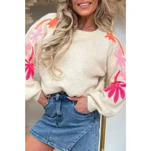 Beige Embroidered Floral Sleeve Round Neck Loose Sweater