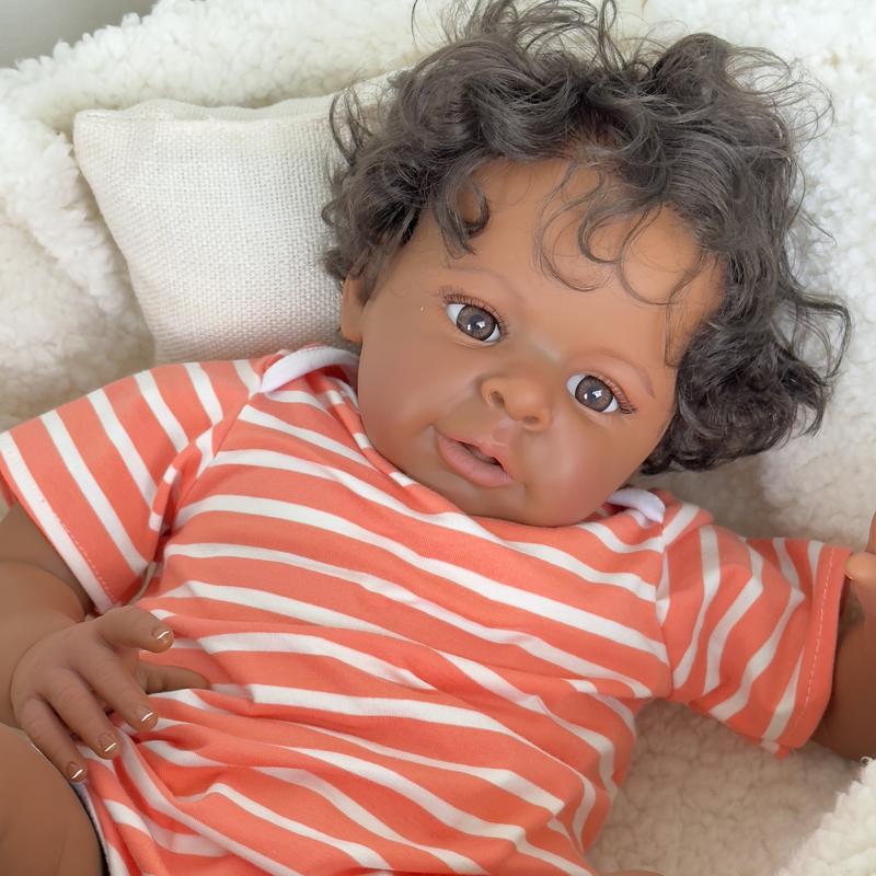 Reborn African American Reborn Doll 20 Inch 50 cm Black Baby Dolls Newborn Baby, Lighter Brown Skin Silicone Reborn Toddler Dolls with Curly Hair Gift for Age3+