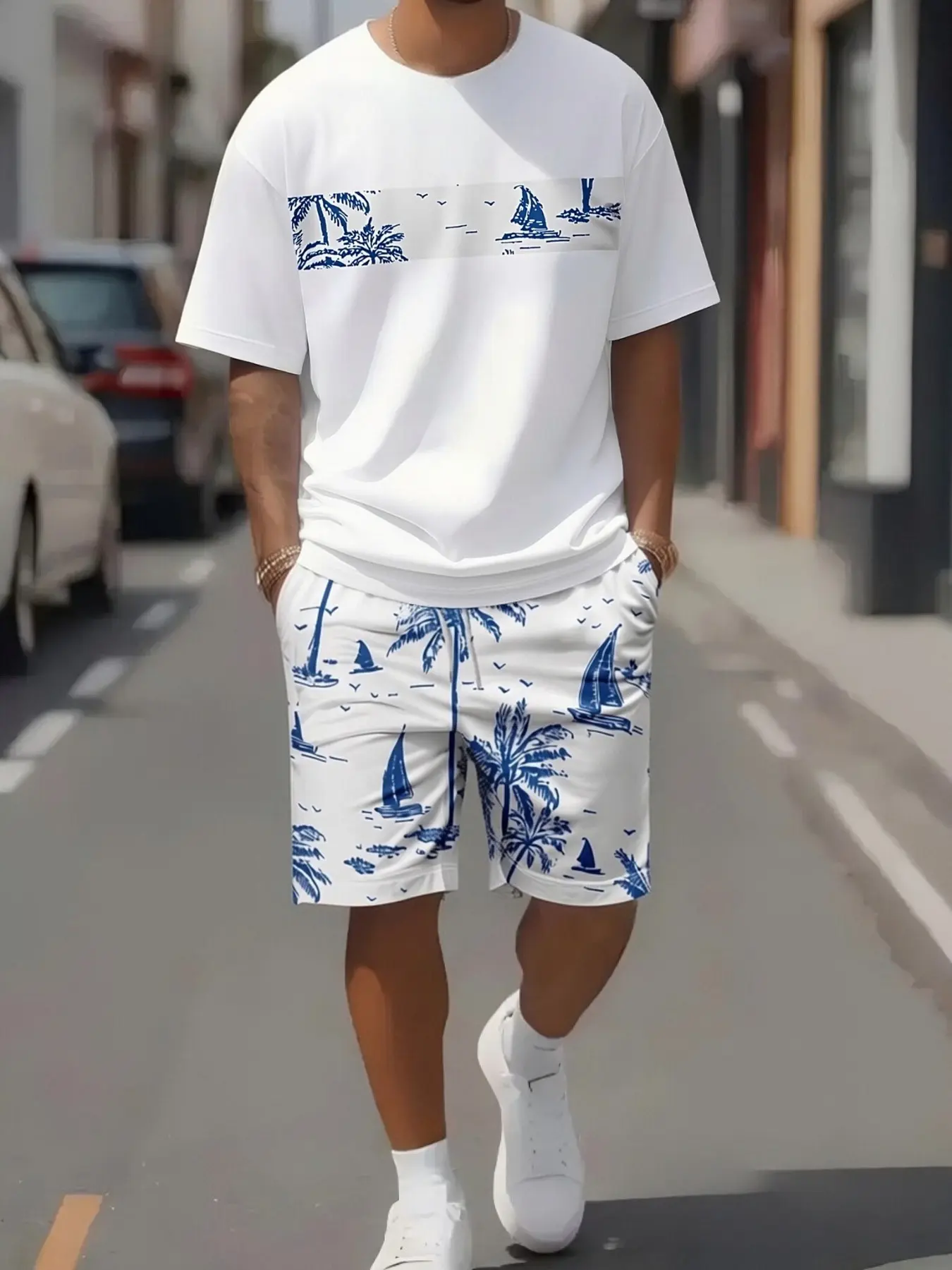 Men's Casual Summer Suit Outfit, Menswear Tropical Coconut Tree Sailboat Print Short Sleeve T-Shirt + Shorts Set, Casual Style Set, Breathable Sportswear for Vacation, Clothes