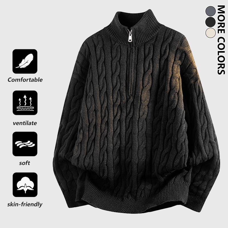 Men's Turtleneck Zip-Up Knit Sweater with Adjustable Neckline, Classic Cable Knit Pattern, Minimalist and Versatile, Perfect for Staying Warm and Stylish This Fall and Winter