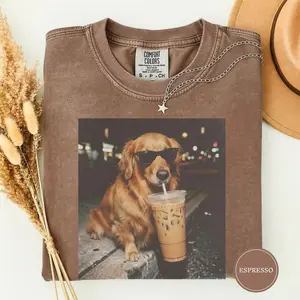 Comfort Colors Funny Golden Retriever Drinking Iced Coffee Shirt, Dog Meme Graphic Tee, Silly Novelty Shirt, Sarcastic Gift, Funny Shirt Women Men