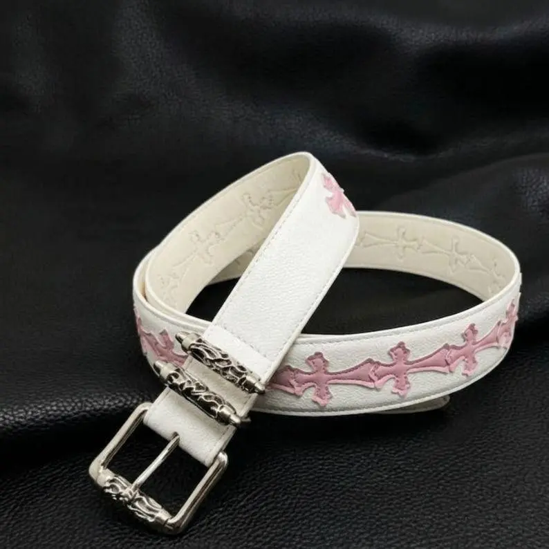 Women's White Leather Cross Belt, Pink Gothic Cross Applique Belt with Silver Pin Buckle, Y2K Punk Streetwear Waist Belt for Jeans