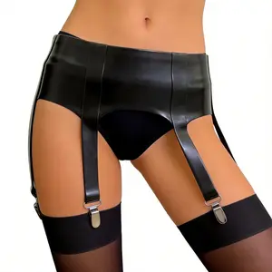 GREEFEI Black Latex High Waist Garter Belt with 6 Adjustable Straps, Handmade Cosplay Club Accessories