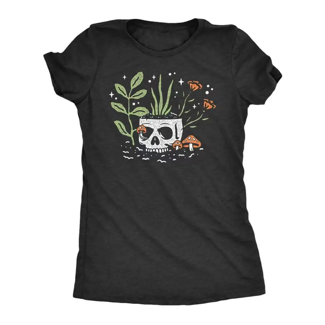 Shortsleeve Casual Round-Crew Neck Relaxed-Fit Skull Flower Pot Graphic Tee, Spooky Garden Plant Lover Top, Cute Vintage Halloween Gift, Round Neck