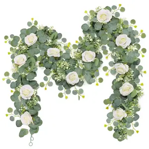 2Pcs(70.8 Inch) Artificial Eucalyptus Flower Garland with White Rose Flowers,Faux Rose Vine Gypsophila Greenery for Home Party Wedding Table Decor, Artificial Vine, UV-resistant, Garden Decorations