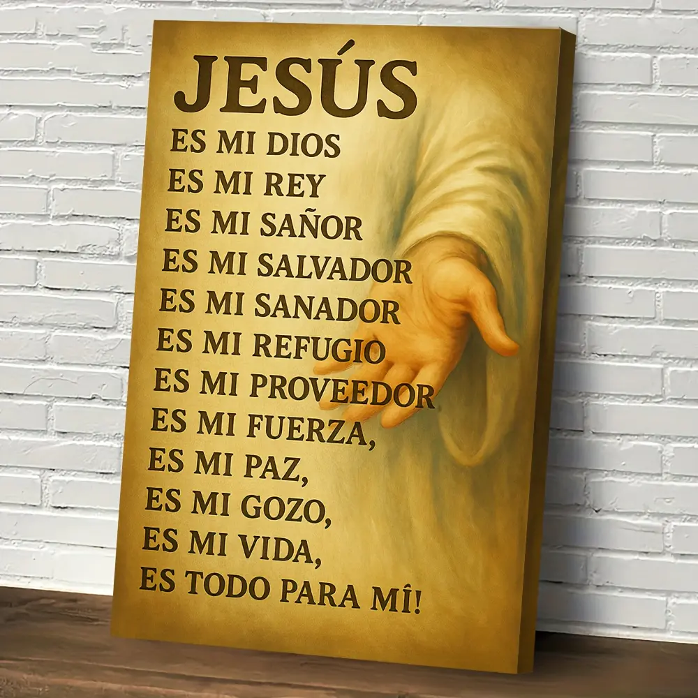 1 Piece Spain Jesus Christ Framed Wall Art-Jesus as the Holy Trinity (Father, Spirit) presented in Spanish and English script style-Catholic Christian home, church, office decoration-Religious icons printed on wrapped canvasWall Art DecorationFramed Wall