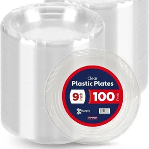 100 Clear Plastic Plates Set-9 In Disposable Dinner Plates Bulk Pack for Party, BBQ, Picnic, Travel and Events, Microwavable Recyclable