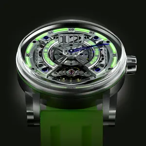 FEICE Men's 45mm Space Theme Skeleton Dial Automatic Mechanical Watch, High-End Luminous Glow Stainless Steel Luminous Skeleton Timepiece with Mineral Glass, Waterproof Fashion Accessory