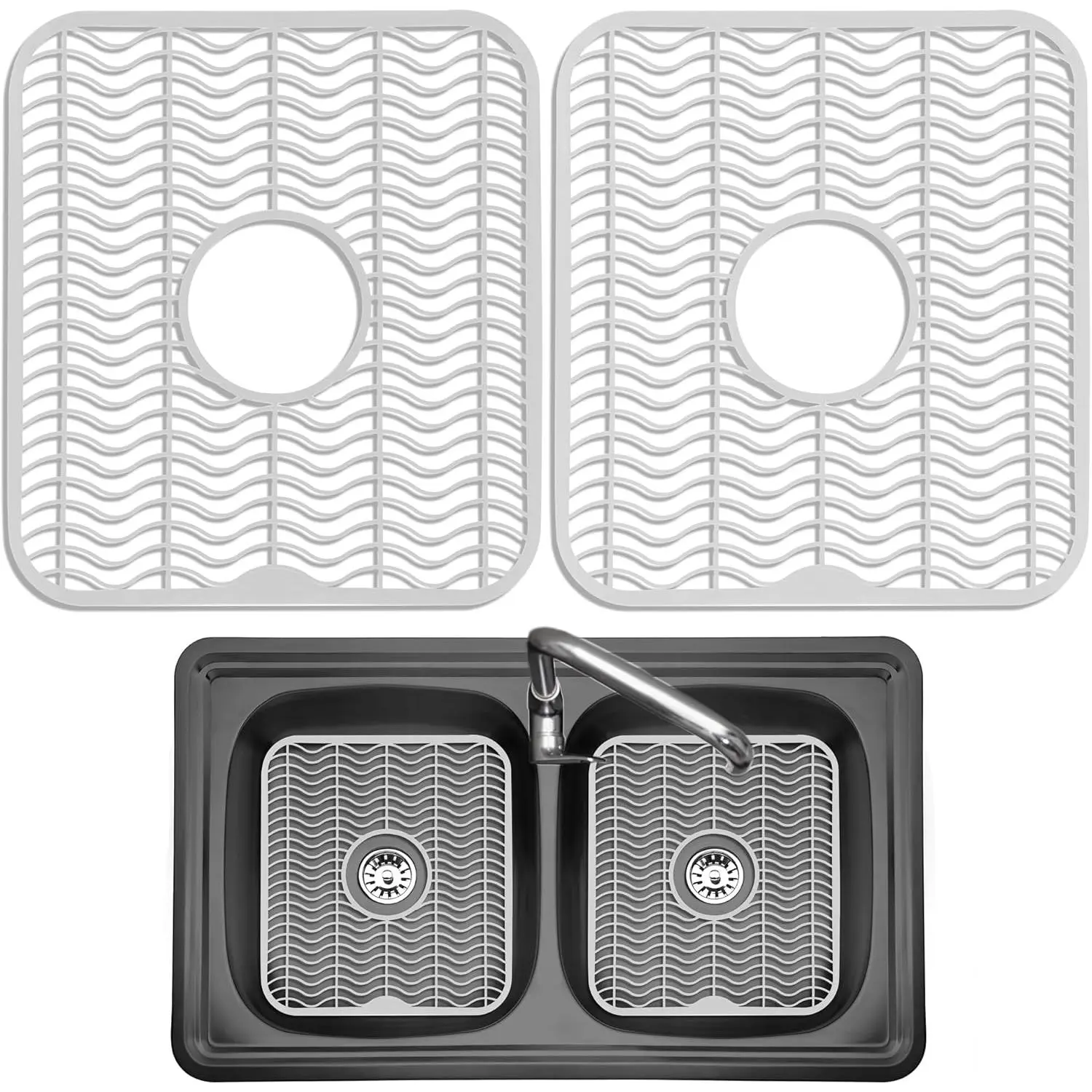 2 Sink Protectors for Kitchen Sink, Plastic 12" x 11" Dish Rack, Protect Sink from Stains, Damage, Scratches, Dishwasher Safe Grid Mat for Kitchen (2 Pack, White)