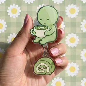 Matcha Alien Badge Reel | Kawaii Nurse ID Holder with Dangling Cake Charm