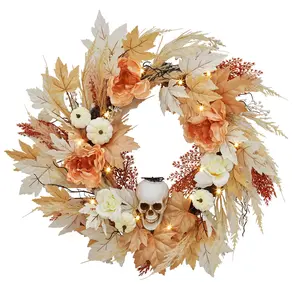 【GARVEE】22 Inch Halloween Wreath for Front Door, Halloween Skull Wreath with Lights White Pumpkins Roses, Halloween Decorations Fall Maple Leaves Wreath for Porch Window Indoor Outdoor Decor