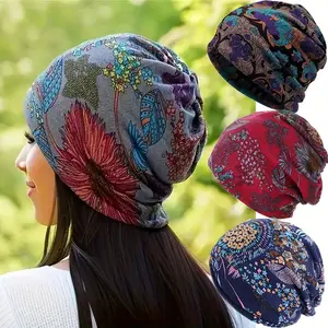4 Pieces/Set Bohemian Floral Printed Brimless Knitted Hat, Ladies - Fall and Winter Warm Elastic Chemotherapy Hat, Lightweight Multifunctional Headscarf - Multifunctional Neck Cover