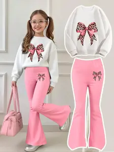 Girls' Leopard Print Bow Sweatshirt and Bell Bottoms Set, Cute Clothing Set, Casual Fitted for Ages 4-12, Comfortable and Stylish, Clothes Kids