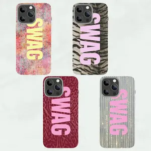 Swag Letter Phone Case for iPhone, Bold Text Graphic Cover, Pink Animal Print Glitter Aesthetic Case, Trendy Y2K Gift for Her